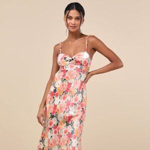 Lulus Sensational Spirit Peach Multi Floral Satin Tie-back Midi Dress Pink